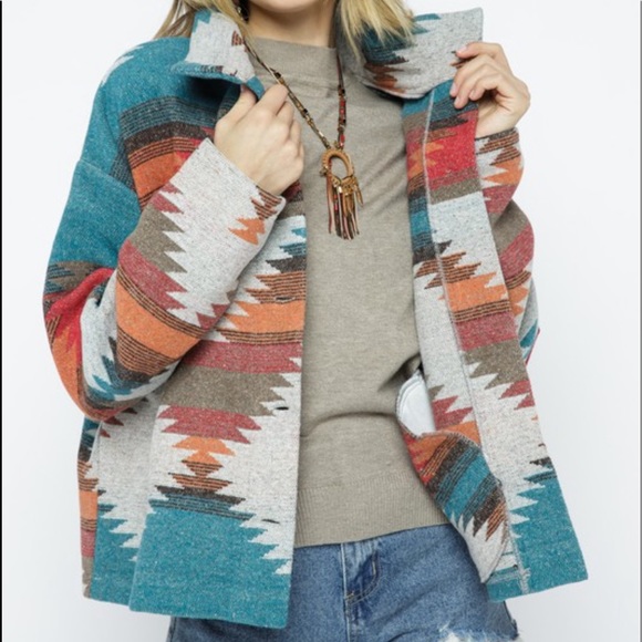 New Tribal Aztec Print Flannel Shacket Coat Jacket - Picture 7 of 11